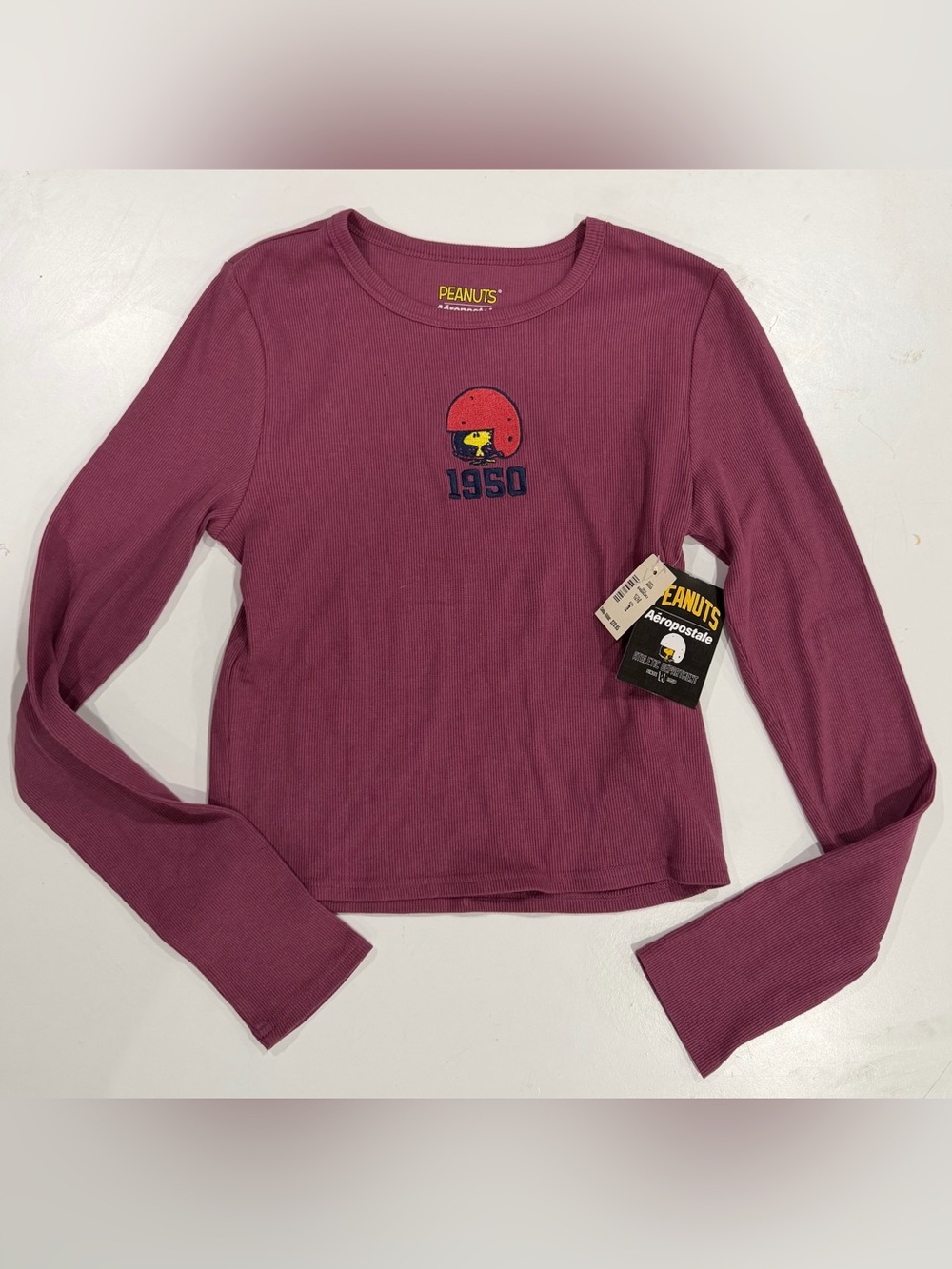 Peanuts for Aeropostale Women's Long-Sleeve ribbed Crewneck Top with Woodstock L